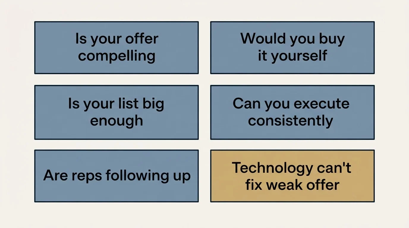 Schematic: The Math Problem You Should Be Solving (Is your offer compelling, Would you buy it yourself, Is your list big enough, Can you execute consistently)