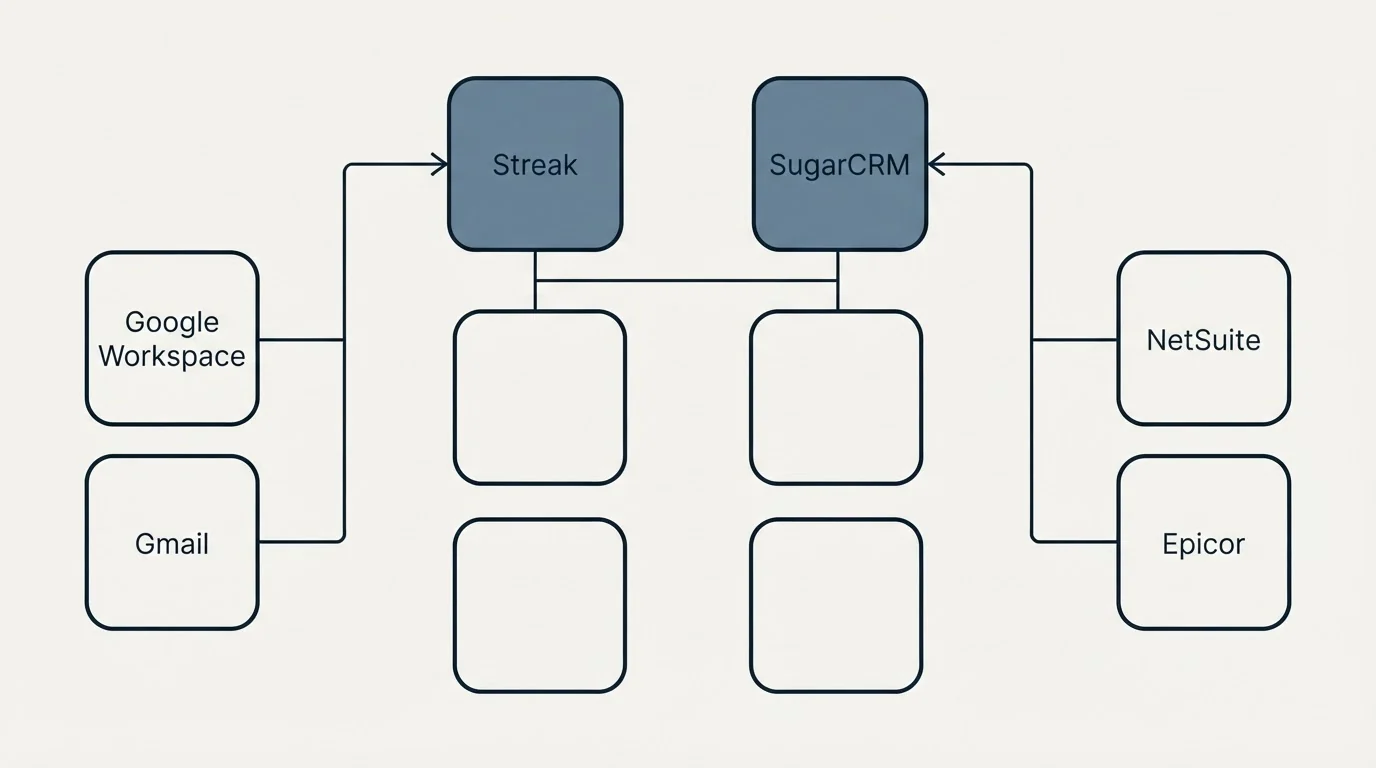 Integration grid: Integration Ecosystem (Streak, SugarCRM, Google Workspace, NetSuite)