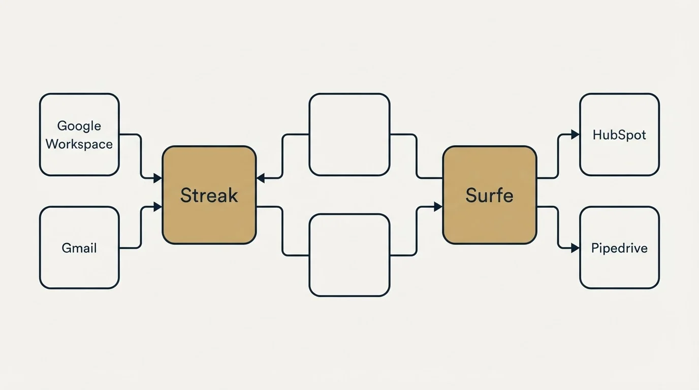 Integration schematic: Integration Ecosystem (Streak, Surfe, Google Workspace, HubSpot)