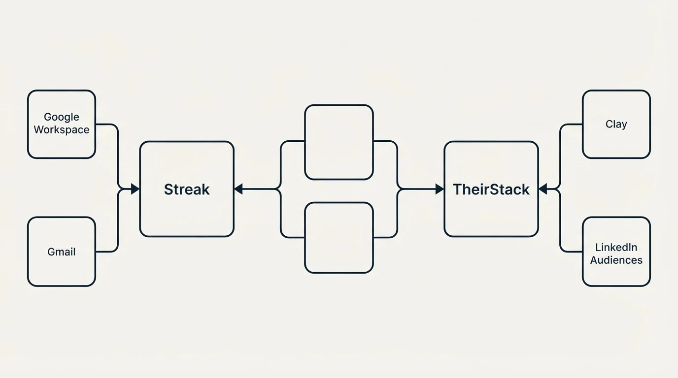Integration schematic: Integration Ecosystem (Streak, TheirStack, Google Workspace, Clay)