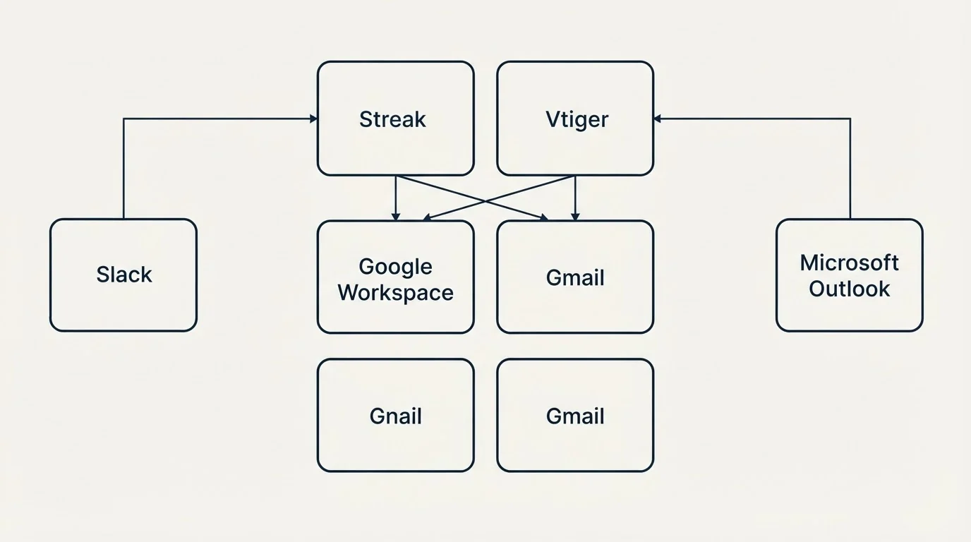 Integration grid: Integration Ecosystem (Streak, Vtiger, Google Workspace, Gmail)