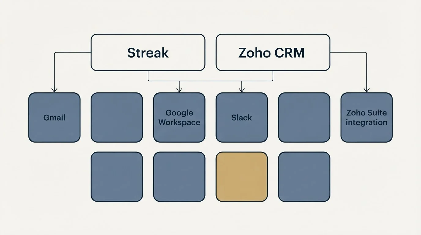 Integration grid: Integration Ecosystem (Streak, Zoho CRM, Google Workspace, Slack)