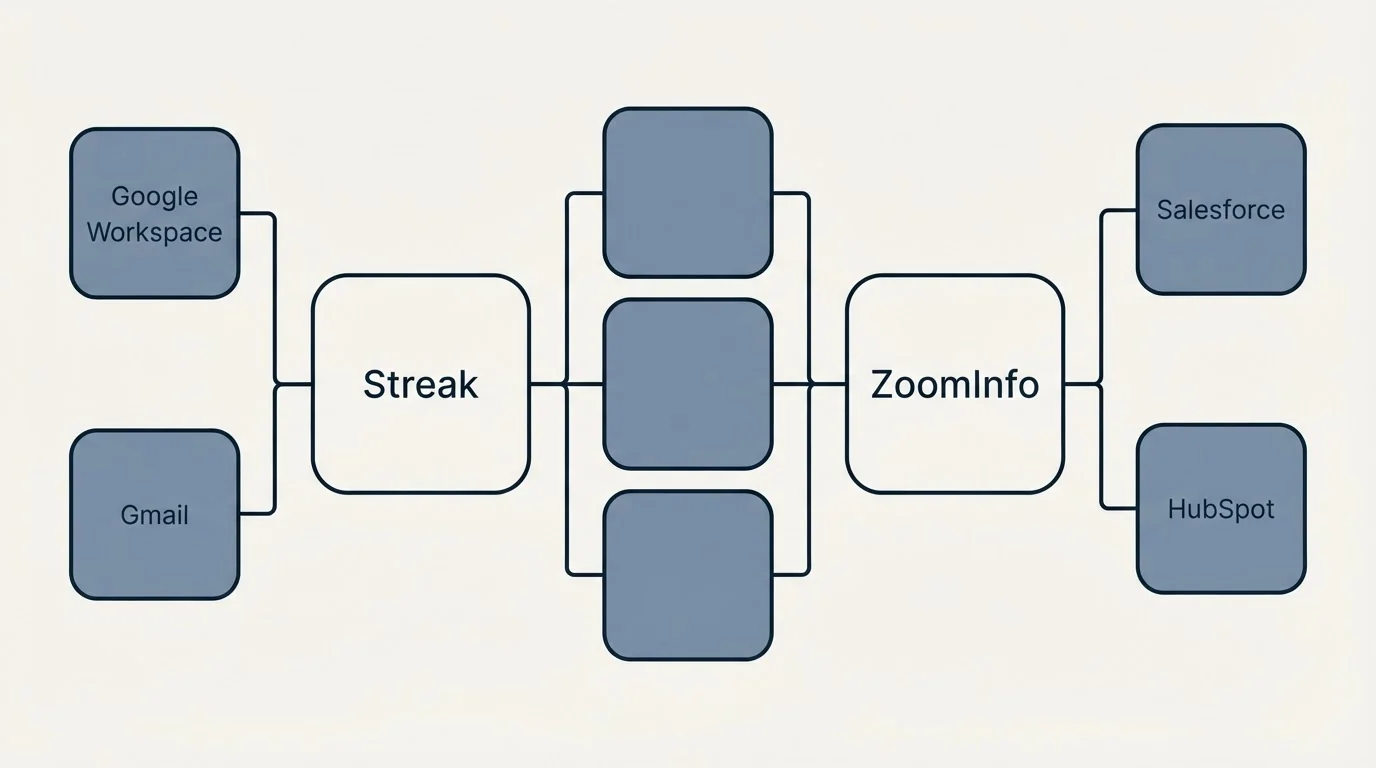 Integration flow: Integration Ecosystem (Streak, ZoomInfo, Google Workspace, Salesforce)