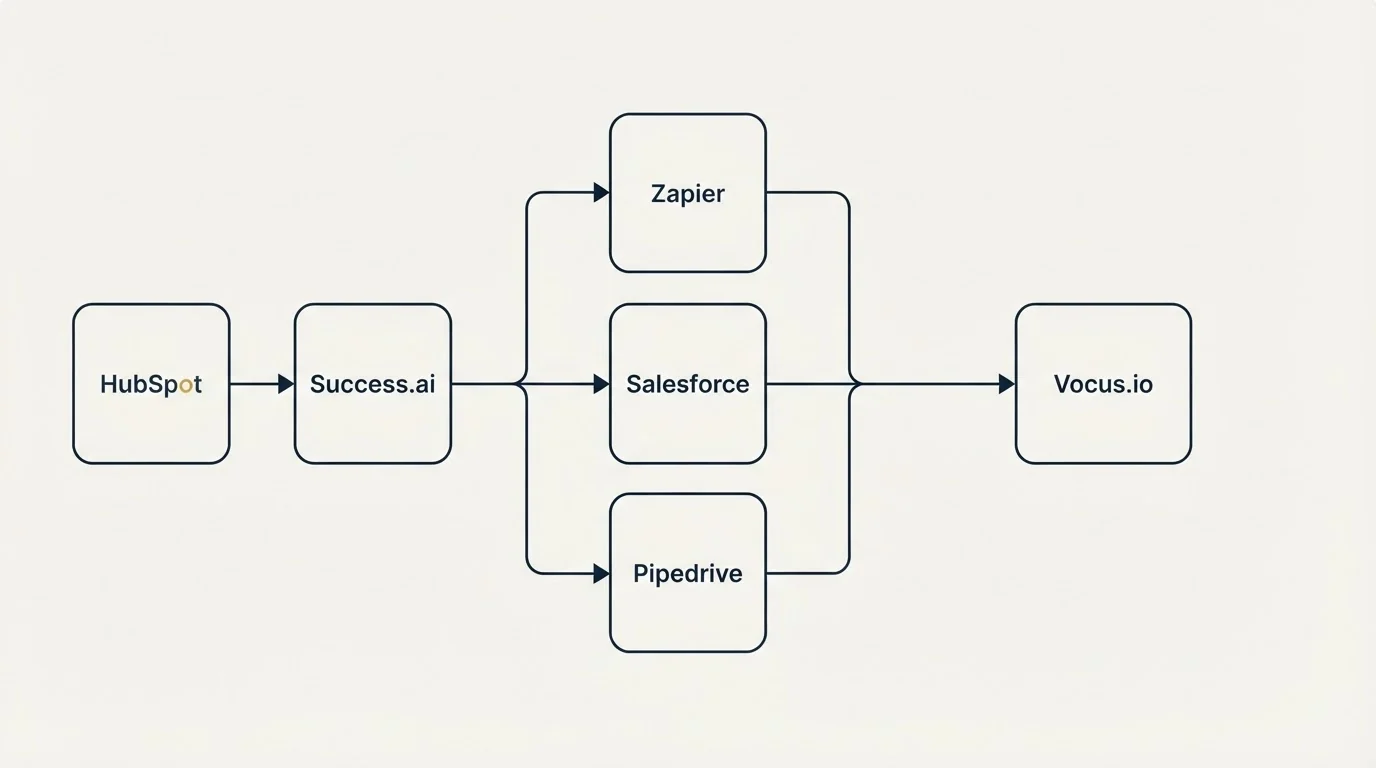 Integration flow: Integration Ecosystem (Success.ai, Vocus.io, Zapier, Salesforce)