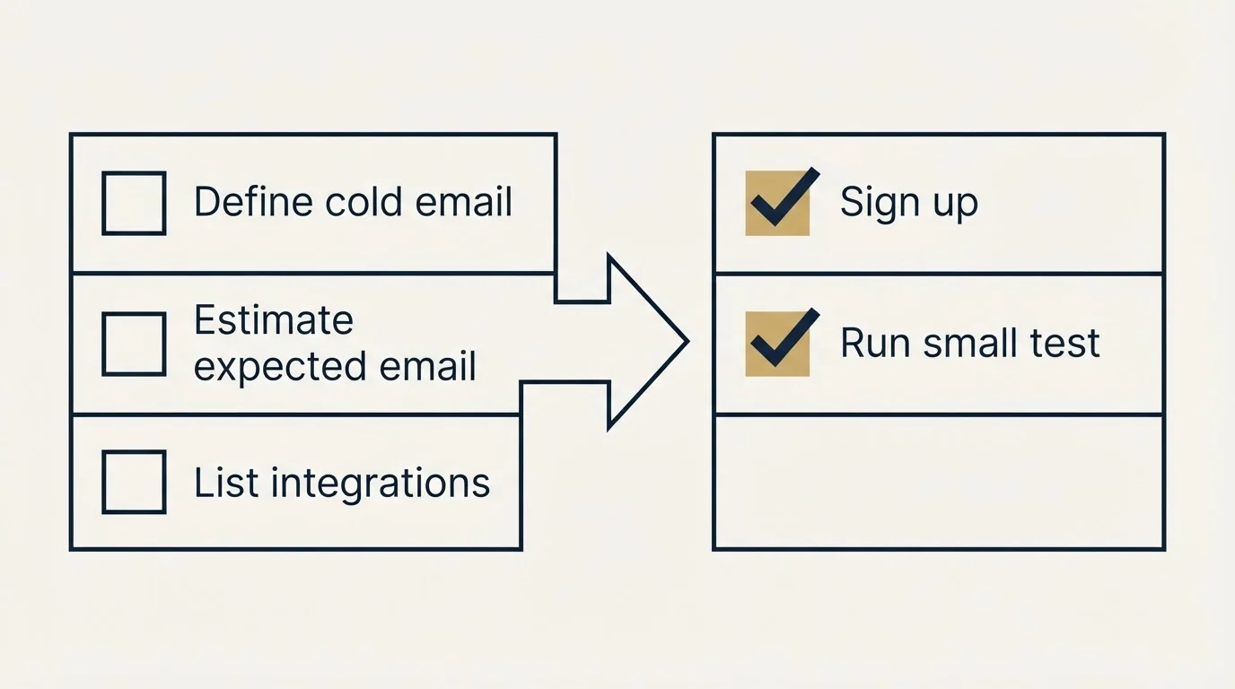 Before-and-after steps: Getting Started Checklist (Define cold email, Estimate expected email, List integrations, Sign up)