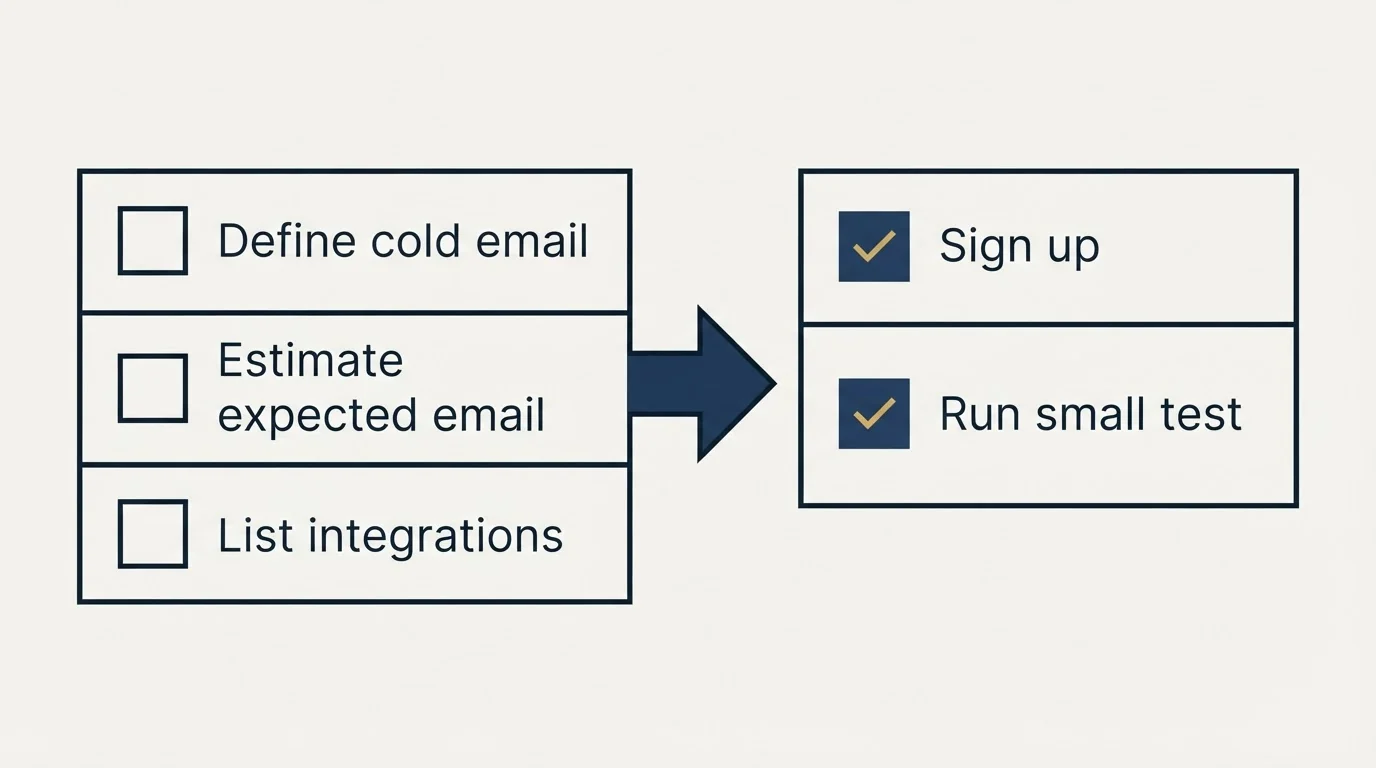 Before-and-after steps: Getting Started Checklist (Define cold email, Estimate expected email, List integrations, Sign up)