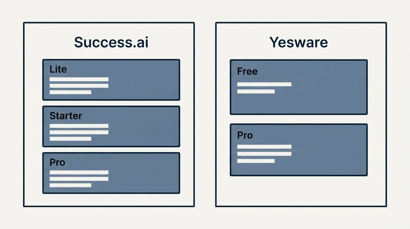 Pricing panels: Pricing Comparison (Success.ai, Yesware, Lite, Free)