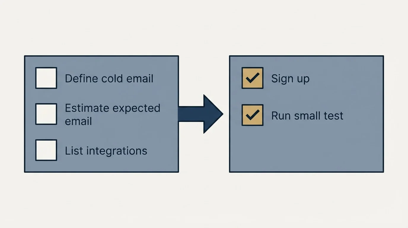Before-and-after steps: Getting Started Checklist (Define cold email, Estimate expected email, List integrations, Sign up)