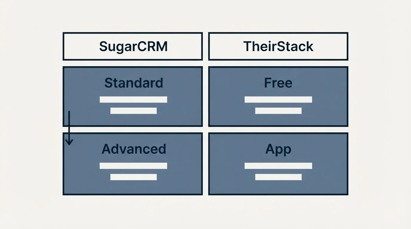 Pricing table: Pricing Comparison (SugarCRM, TheirStack, Standard, Free)