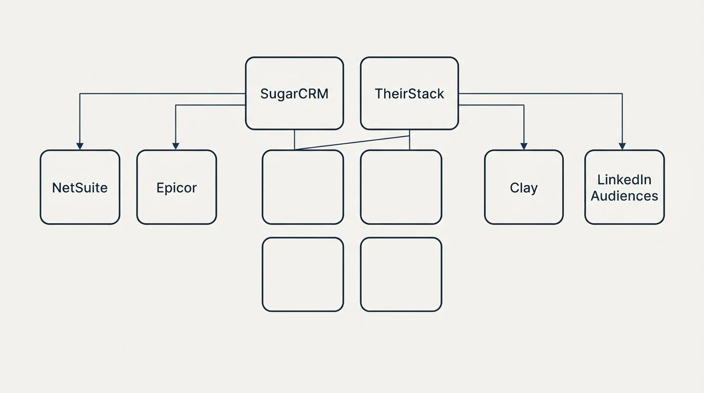 Integration grid: Integration Ecosystem (SugarCRM, TheirStack, NetSuite, Clay)