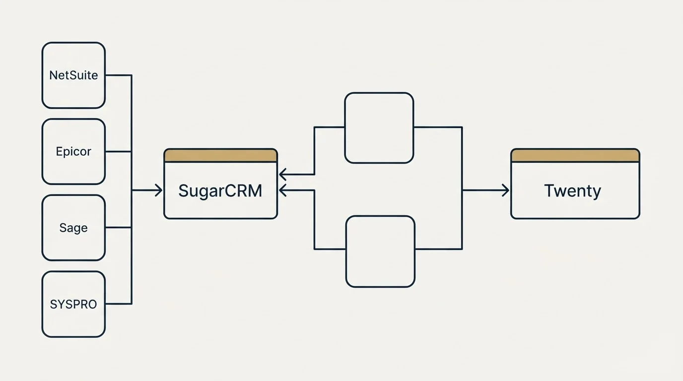 Integration flow: Integration Ecosystem (SugarCRM, Twenty, NetSuite, Epicor)