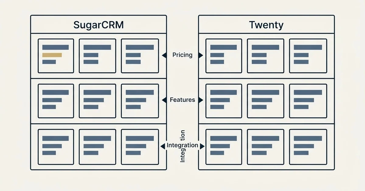 Comparison panel: SugarCRM vs Twenty (Pricing, Features, Integration)