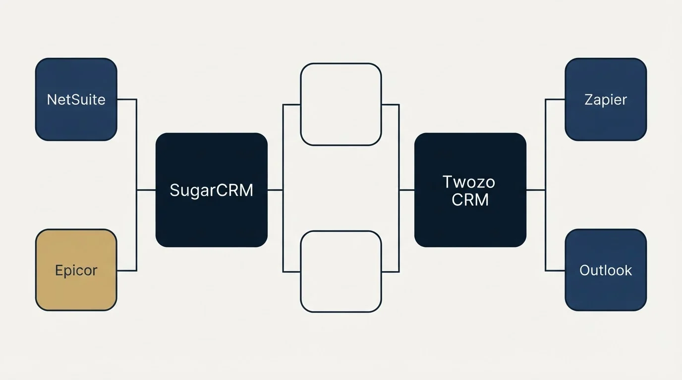 Integration schematic: Integration Ecosystem (SugarCRM, Twozo CRM, NetSuite, Zapier)