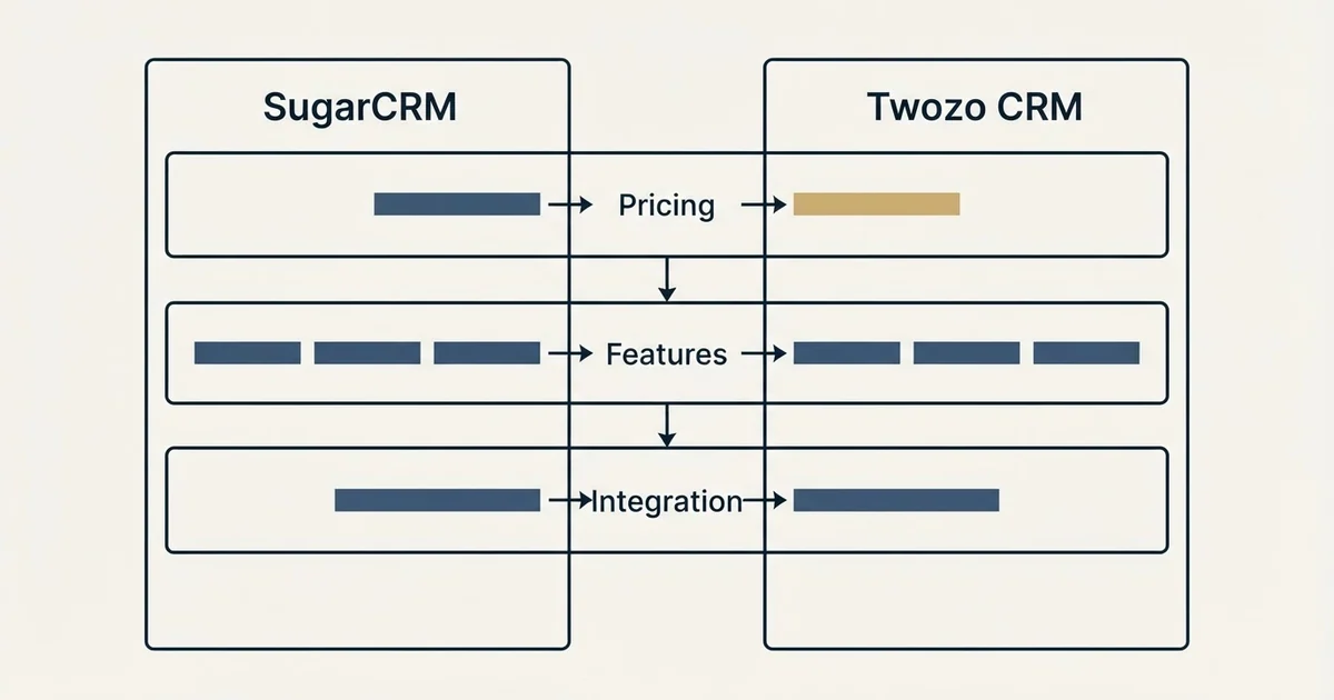 Comparison panel: SugarCRM vs Twozo CRM (Pricing, Features, Integration)