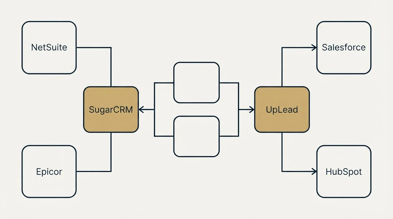Integration schematic: Integration Ecosystem (SugarCRM, UpLead, NetSuite, Salesforce)