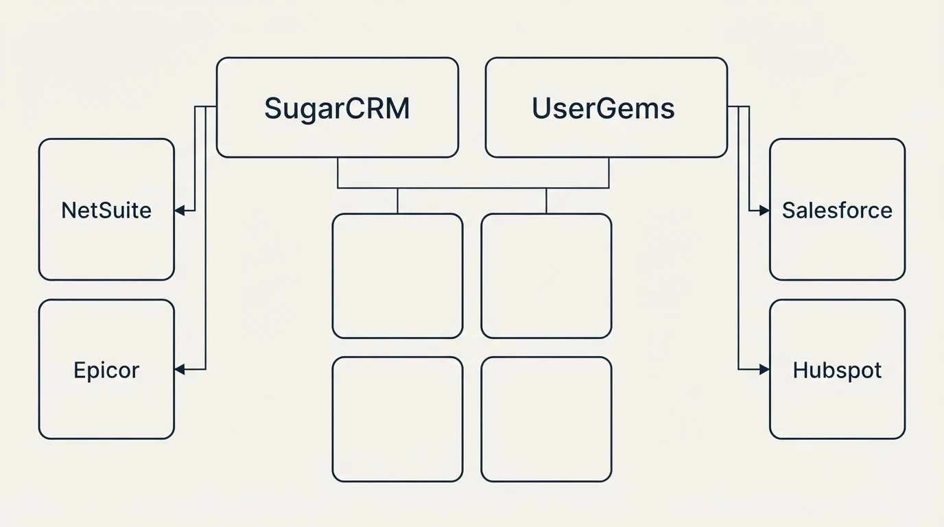 Integration grid: Integration Ecosystem (SugarCRM, UserGems, NetSuite, Salesforce)