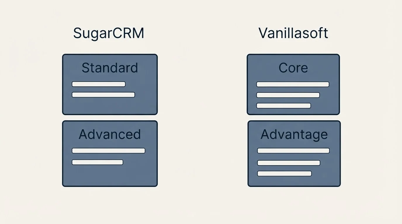 Pricing panels: Pricing Comparison (SugarCRM, Vanillasoft, Standard, Core)