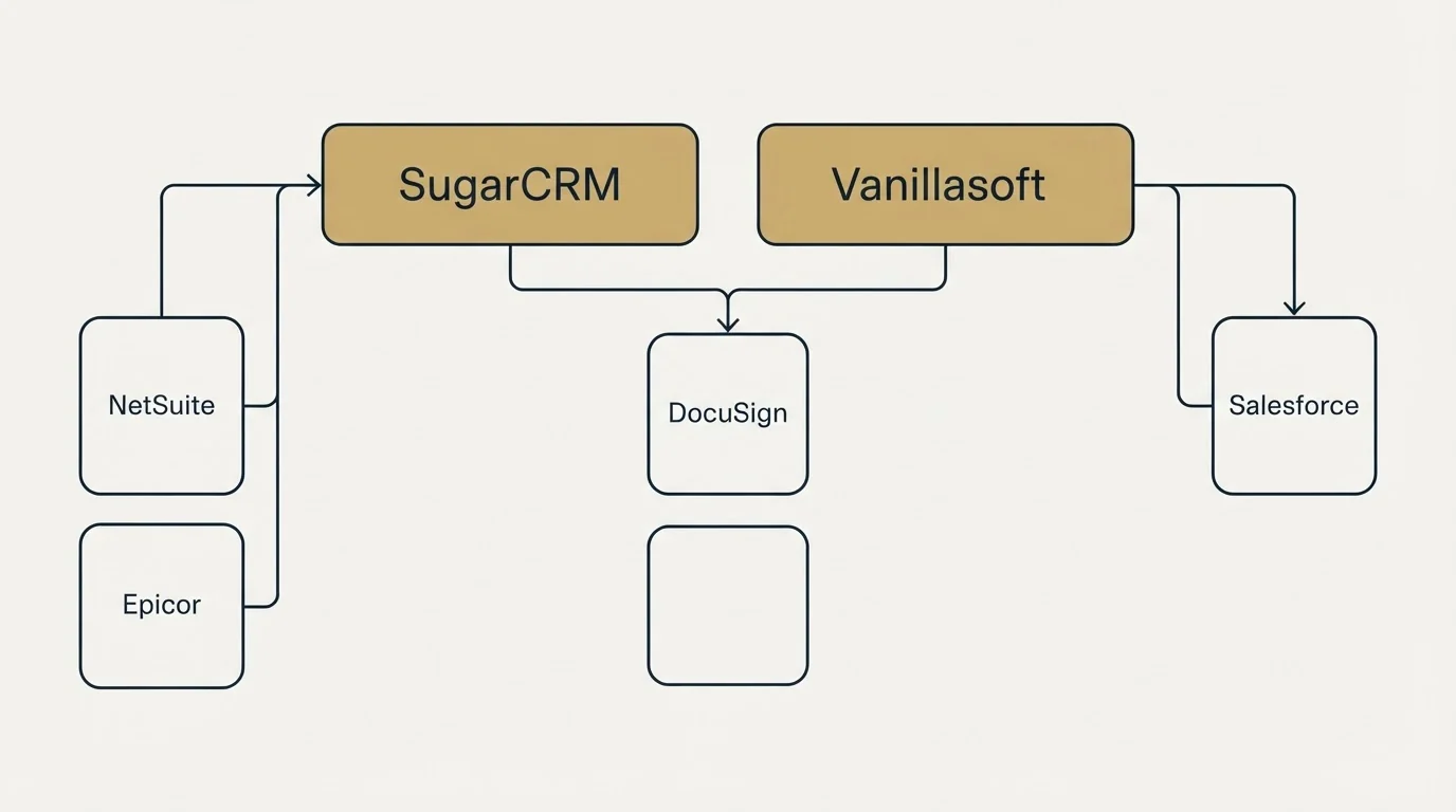 Integration grid: Integration Ecosystem (SugarCRM, Vanillasoft, DocuSign, NetSuite)