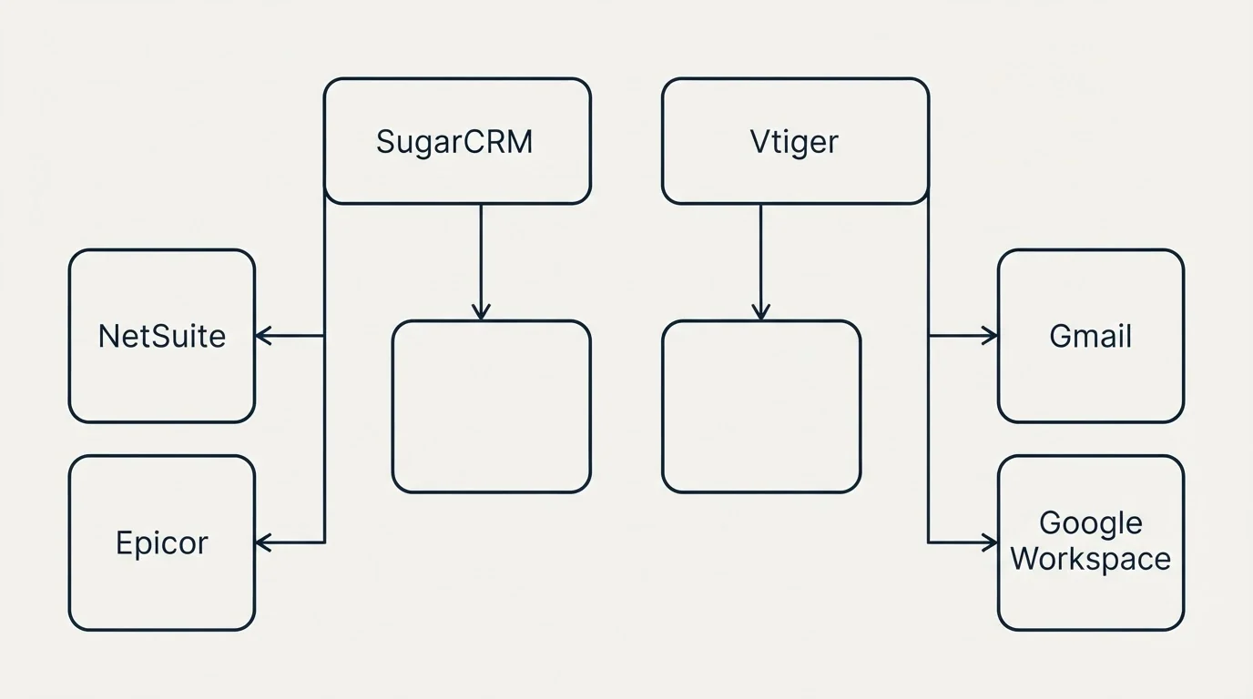 Integration grid: Integration Ecosystem (SugarCRM, Vtiger, NetSuite, Gmail)