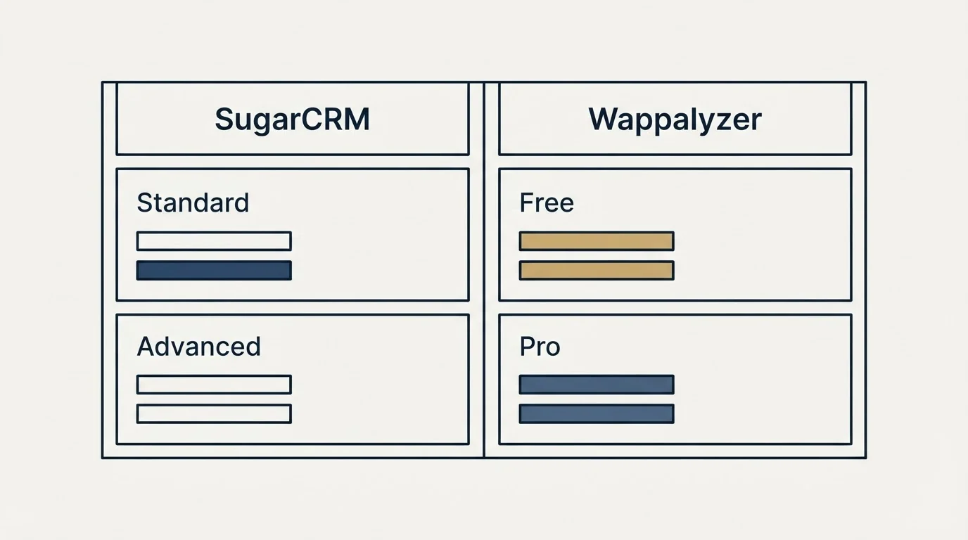 Pricing table: Pricing Comparison (SugarCRM, Wappalyzer, Standard, Free)