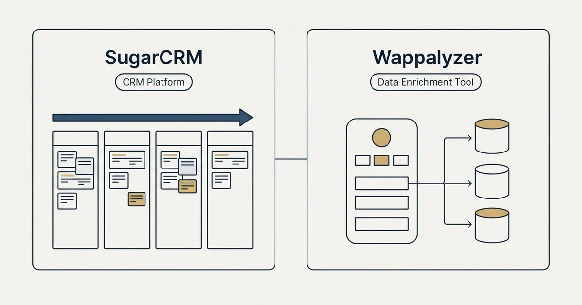 Side-by-side panels: SugarCRM vs Wappalyzer (CRM Platform, Data Enrichment Tool)