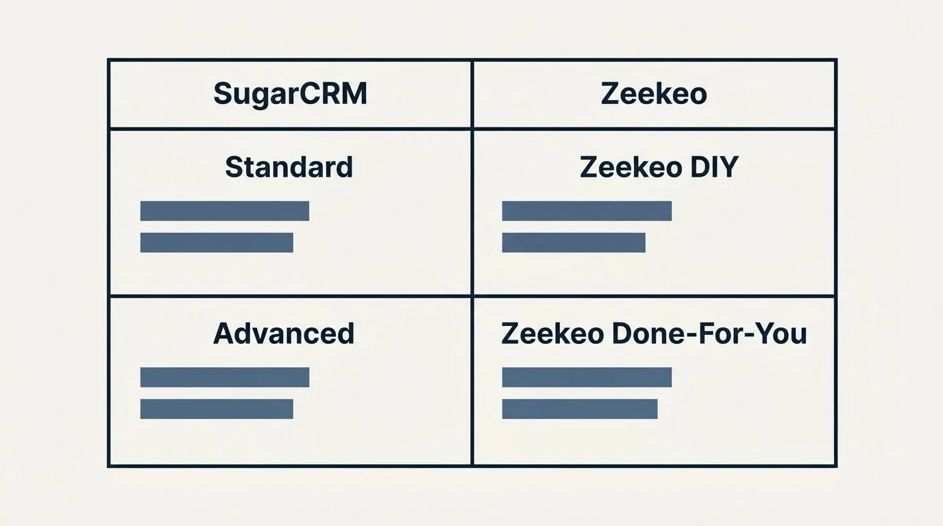 Pricing table: Pricing Comparison (SugarCRM, Zeekeo, Standard, Zeekeo DIY)