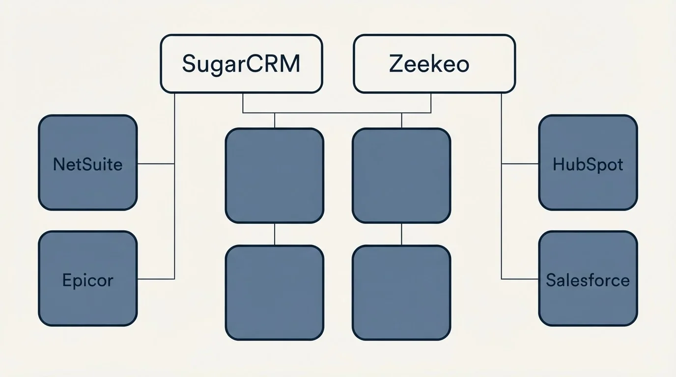Integration grid: Integration Ecosystem (SugarCRM, Zeekeo, NetSuite, HubSpot)