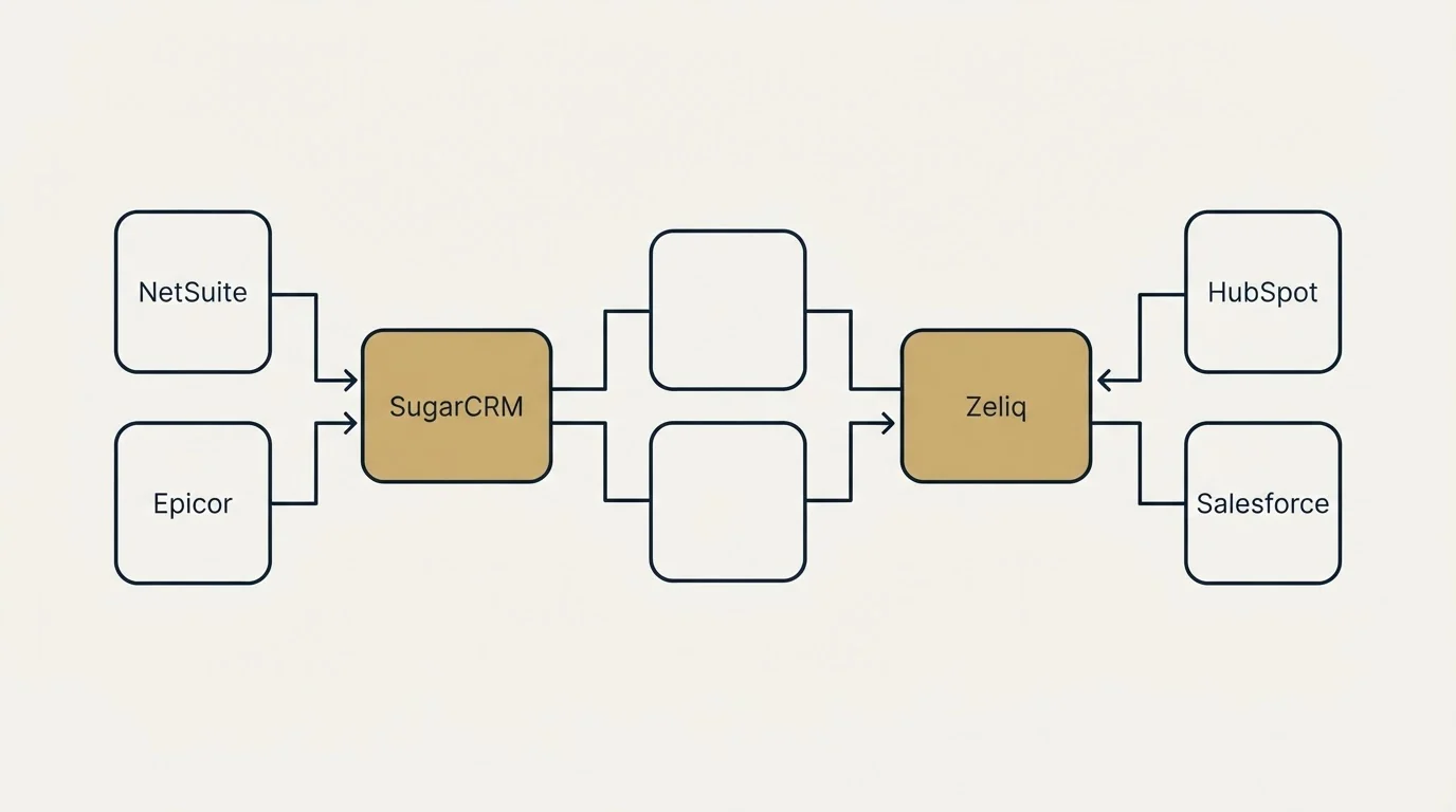 Integration schematic: Integration Ecosystem (SugarCRM, Zeliq, NetSuite, HubSpot)