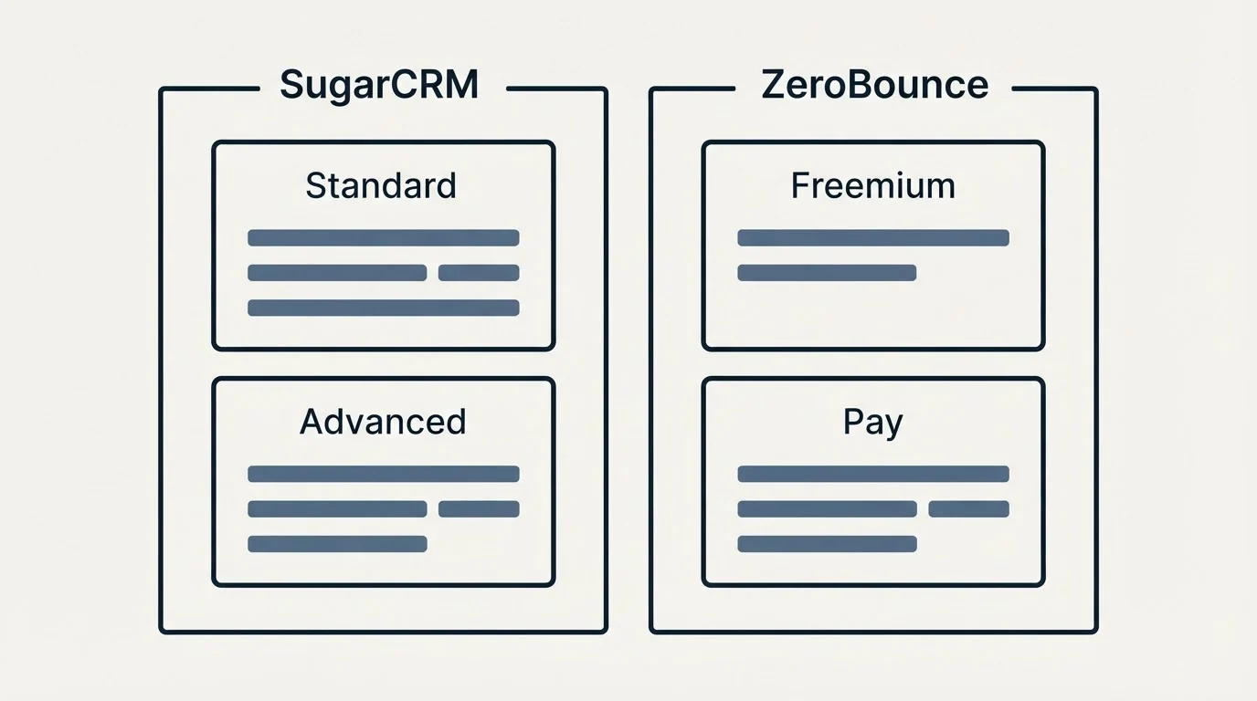 Pricing panels: Pricing Comparison (SugarCRM, ZeroBounce, Standard, Freemium)