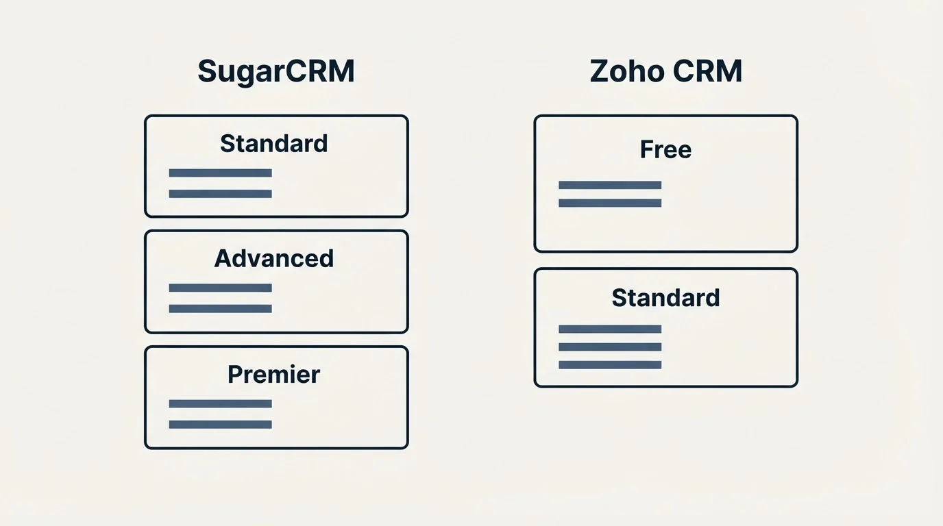 Pricing panels: Pricing Comparison (SugarCRM, Zoho CRM, Standard, Free)