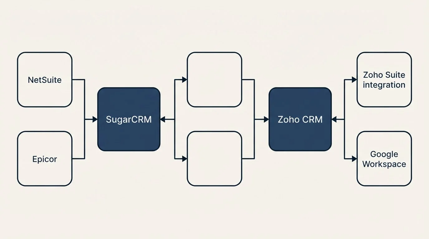 Integration schematic: Integration Ecosystem (SugarCRM, Zoho CRM, NetSuite, Zoho Suite integration)