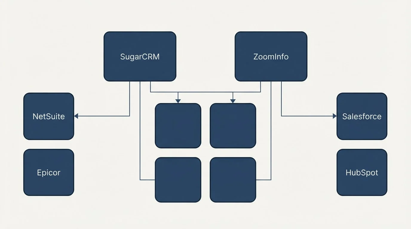 Integration grid: Integration Ecosystem (SugarCRM, ZoomInfo, NetSuite, Salesforce)