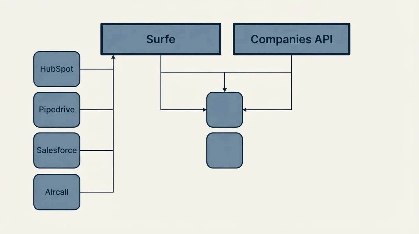 Integration grid: Integration Ecosystem (Surfe, Companies API, HubSpot, Pipedrive)
