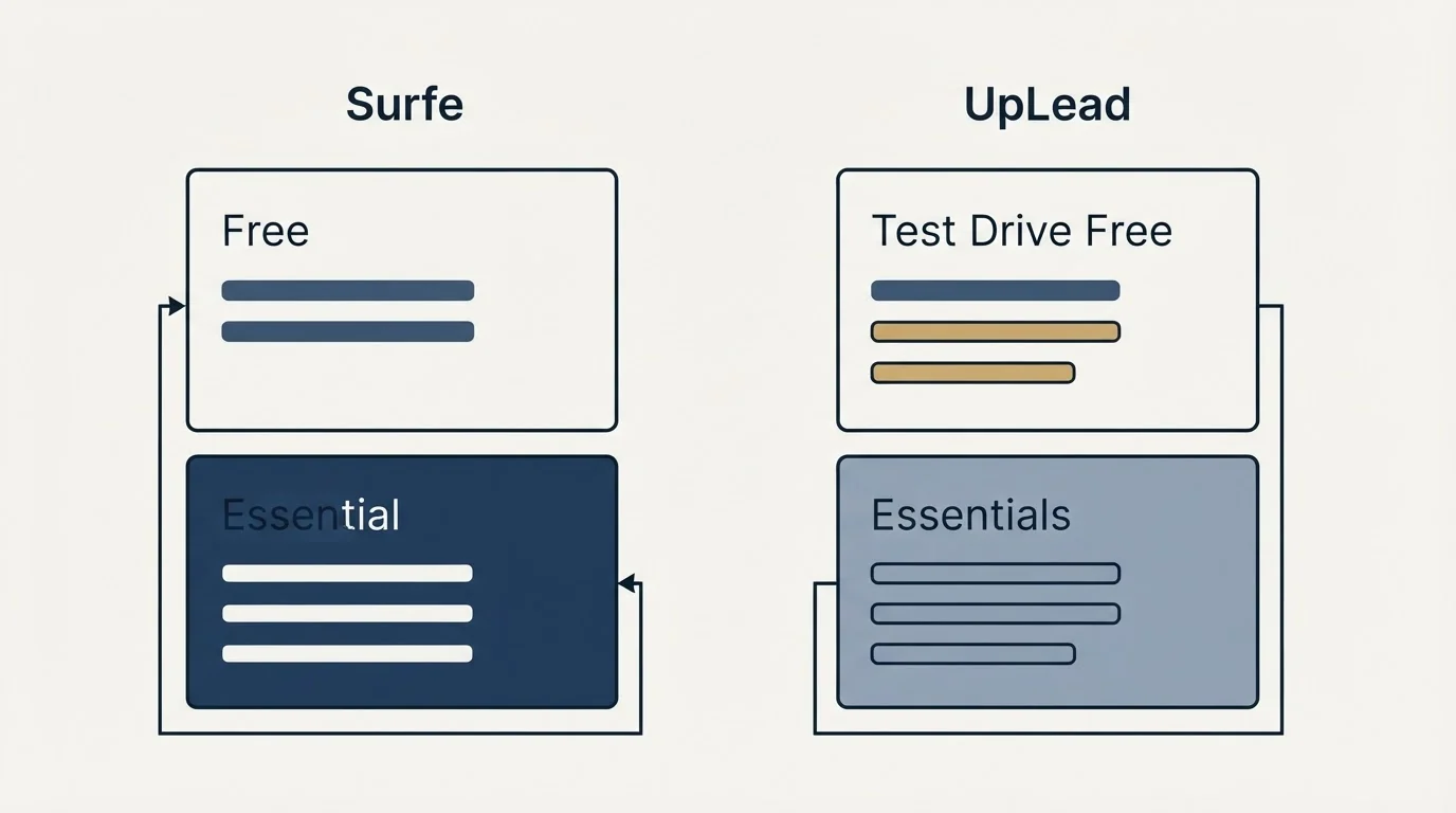 Pricing panels: Pricing Comparison (Surfe, UpLead, Free, Test Drive Free)
