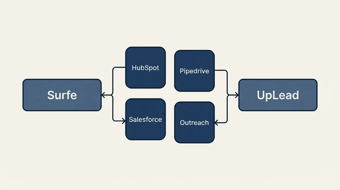 Integration schematic: Integration Ecosystem (Surfe, UpLead, HubSpot, Pipedrive)
