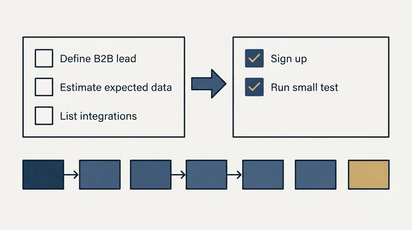 Before-and-after steps: Getting Started Checklist (Define B2B lead, Estimate expected data, List integrations, Sign up)