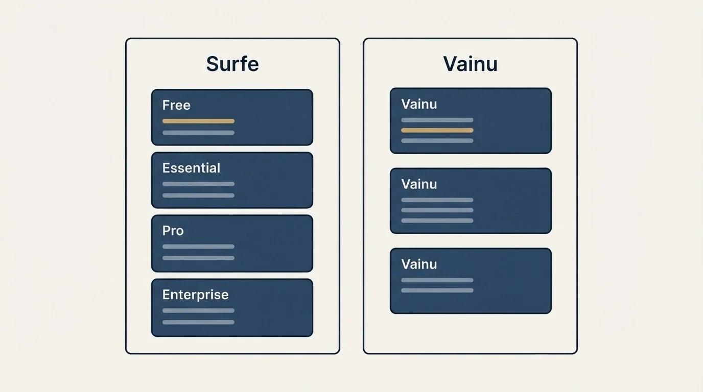 Pricing panels: Pricing Comparison (Surfe, Vainu, Free, Essential)