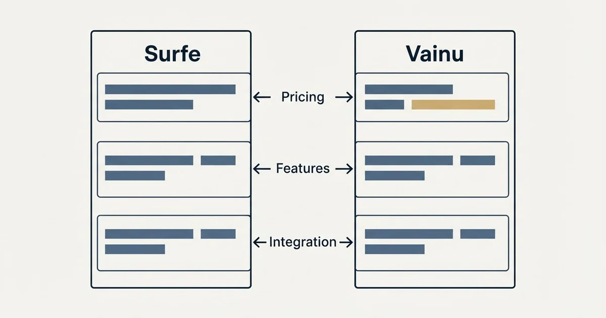 Comparison panel: Surfe vs Vainu (Pricing, Features, Integration)