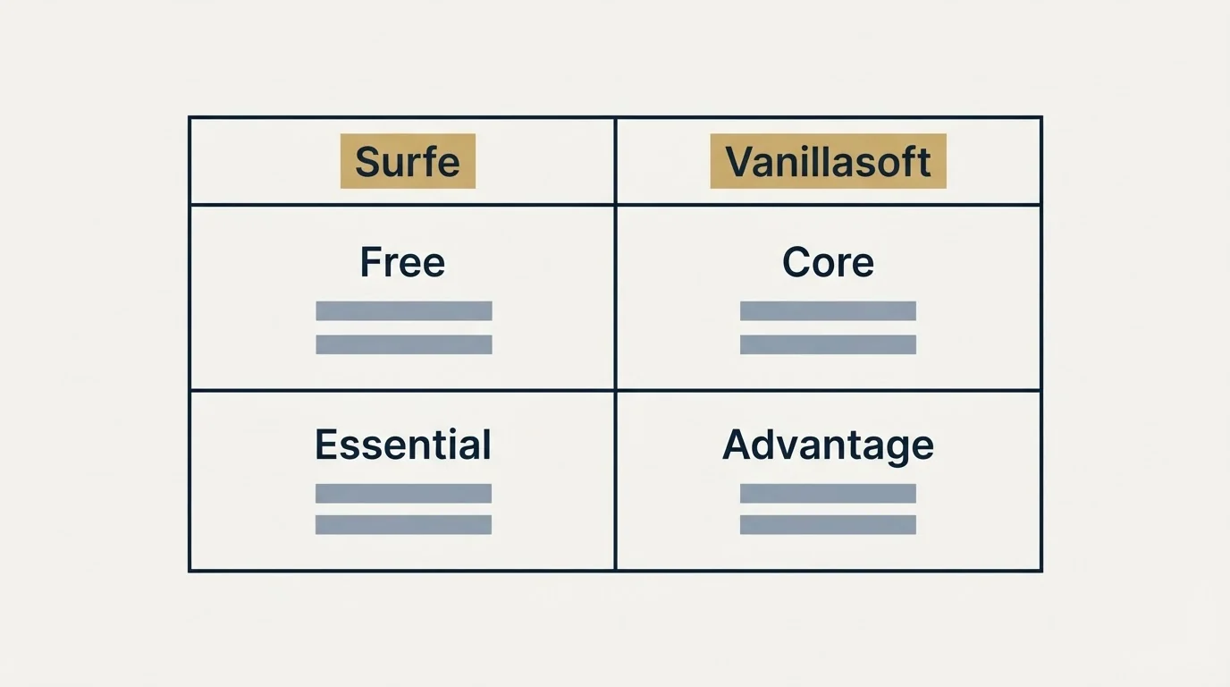 Pricing table: Pricing Comparison (Surfe, Vanillasoft, Free, Core)