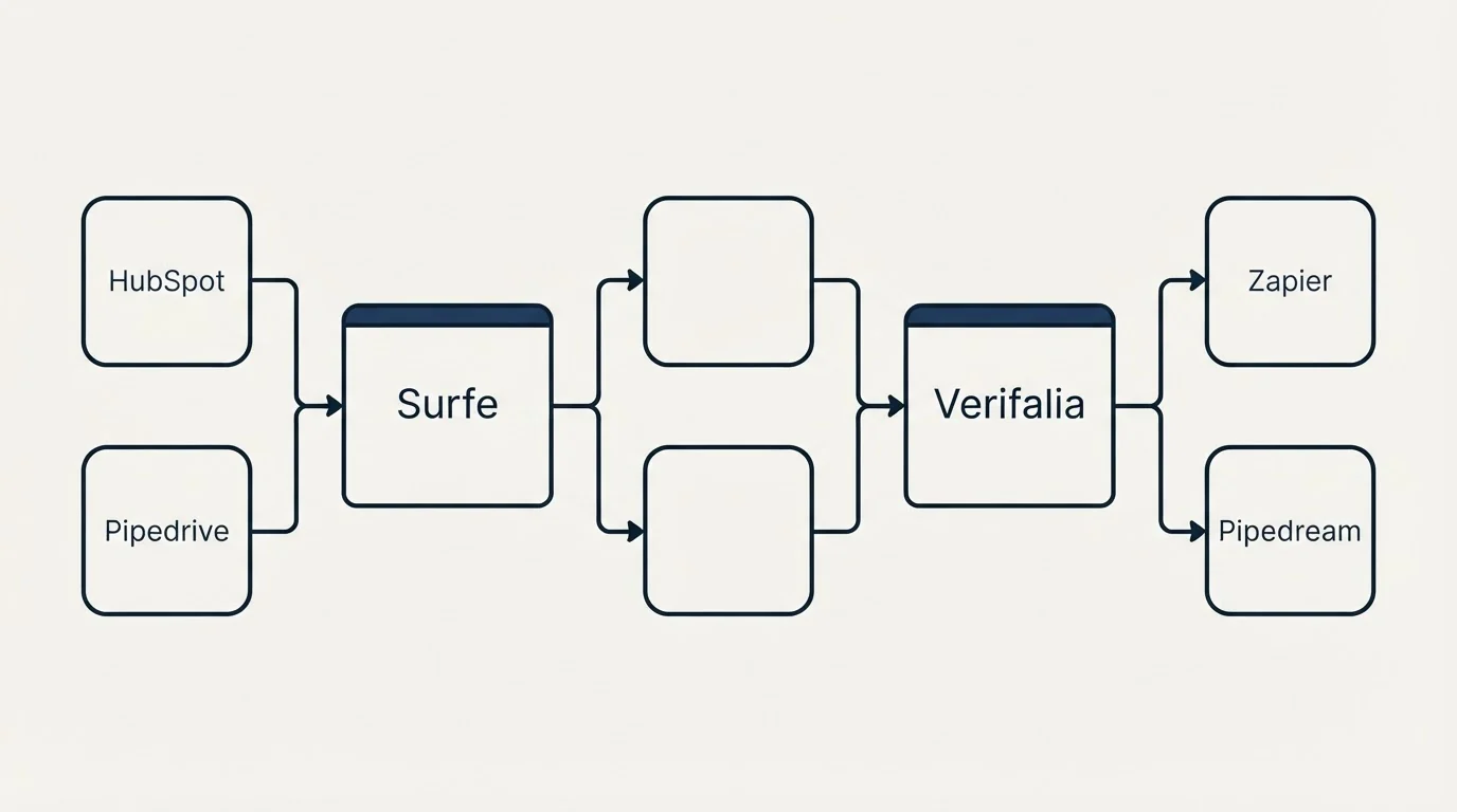 Integration flow: Integration Ecosystem (Surfe, Verifalia, HubSpot, Zapier)