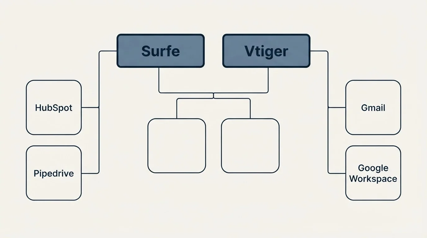 Integration grid: Integration Ecosystem (Surfe, Vtiger, HubSpot, Gmail)