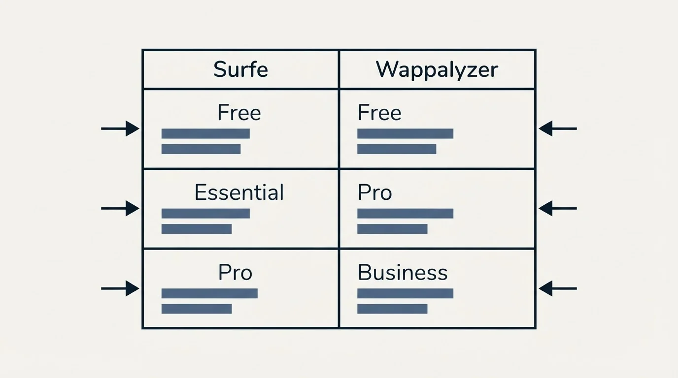 Pricing table: Pricing Comparison (Surfe, Wappalyzer, Free, Essential)