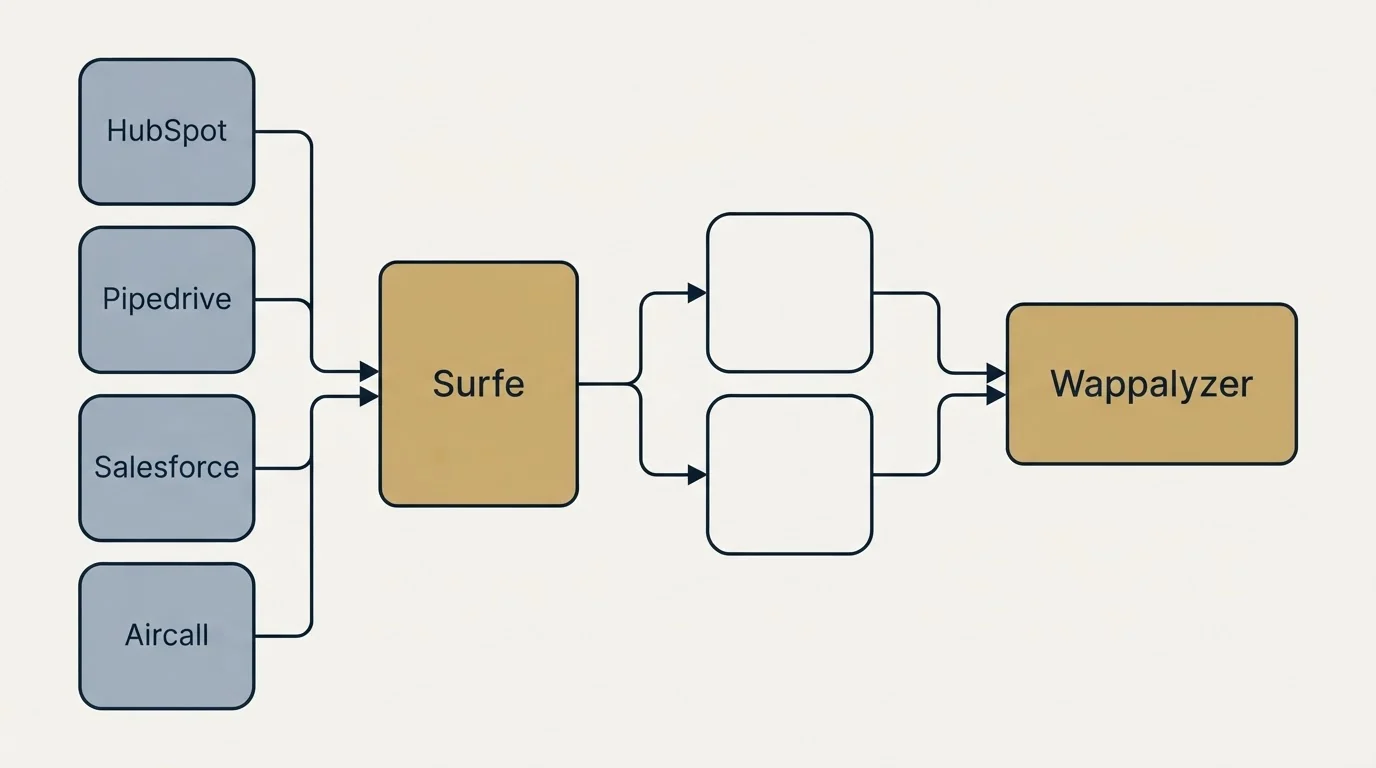 Integration schematic: Integration Ecosystem (Surfe, Wappalyzer, HubSpot, Pipedrive)