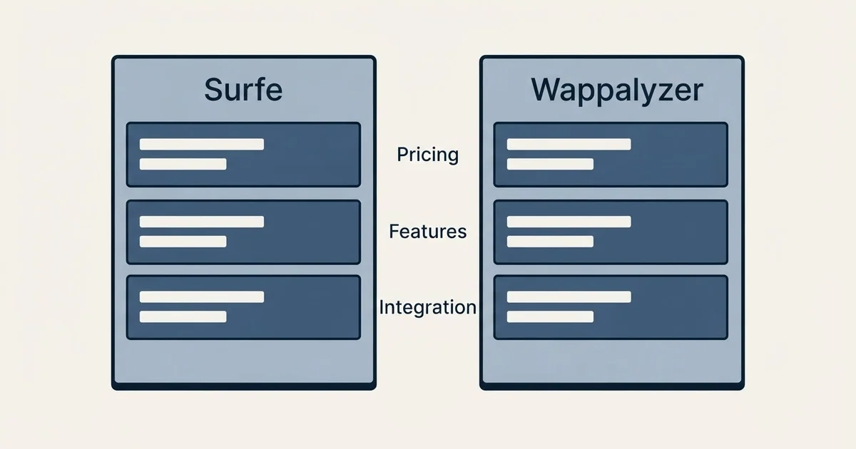 Comparison panel: Surfe vs Wappalyzer (Pricing, Features, Integration)