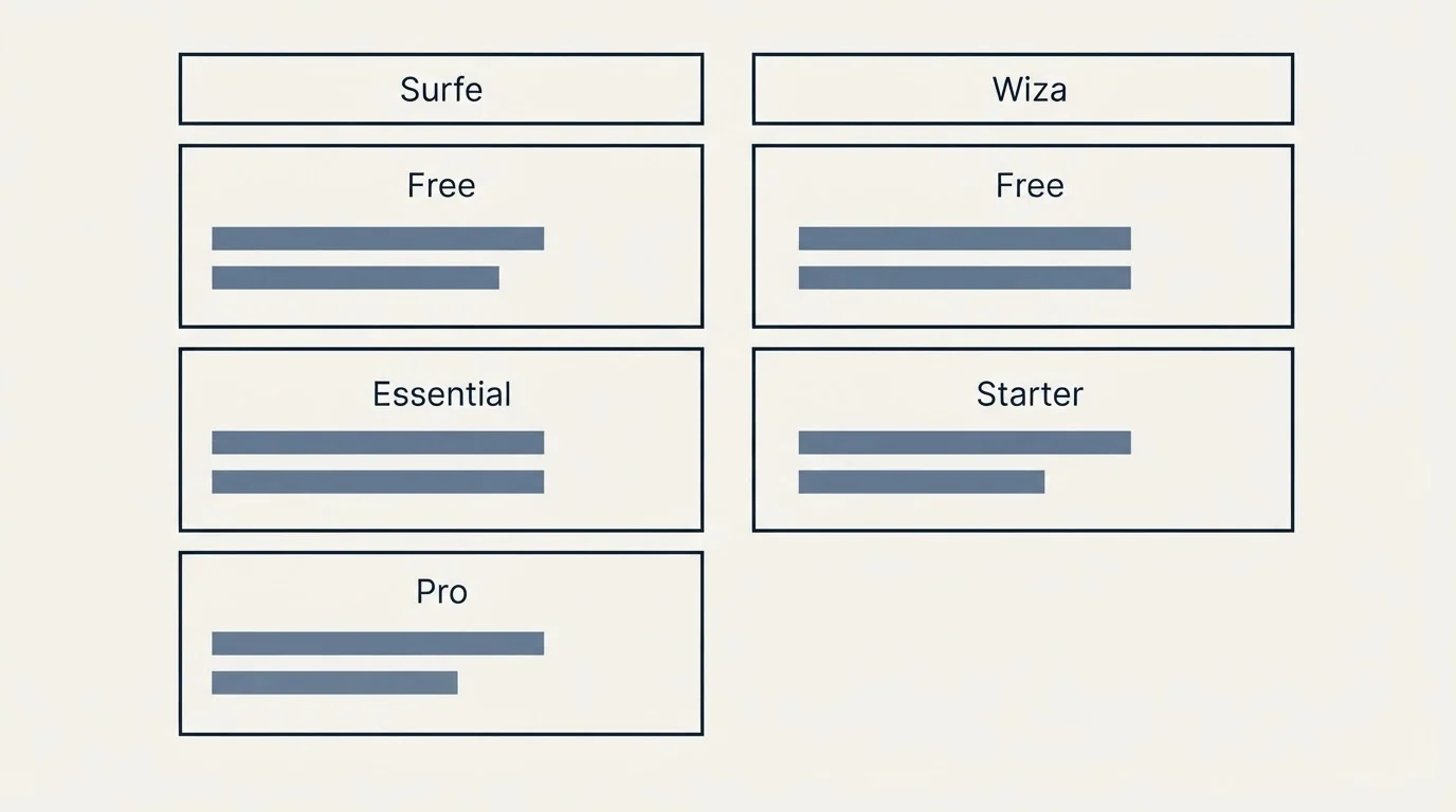 Pricing table: Pricing Comparison (Surfe, Wiza, Free, Essential)