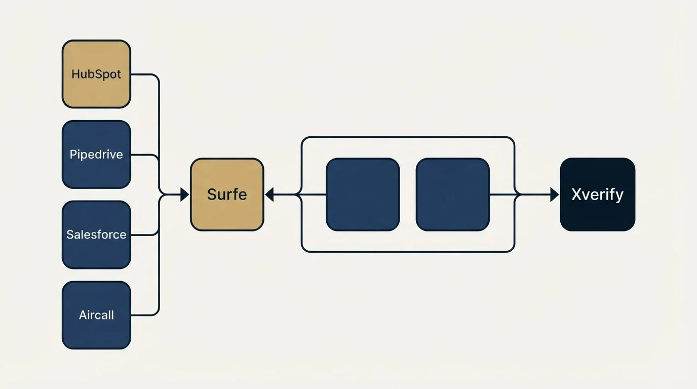 Integration schematic: Integration Ecosystem (Surfe, Xverify, HubSpot, Pipedrive)