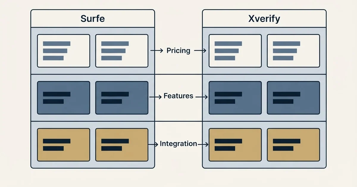 Comparison panel: Surfe vs Xverify (Pricing, Features, Integration)