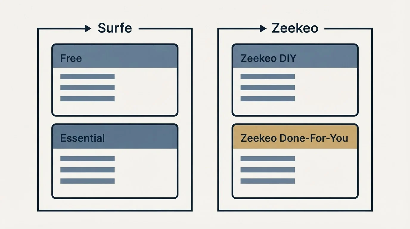 Pricing panels: Pricing Comparison (Surfe, Zeekeo, Free, Zeekeo DIY)