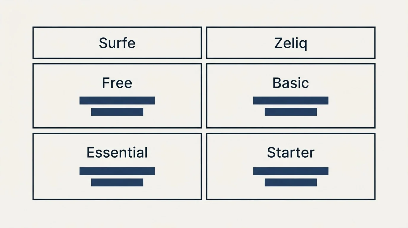 Pricing table: Pricing Comparison (Surfe, Zeliq, Free, Basic)