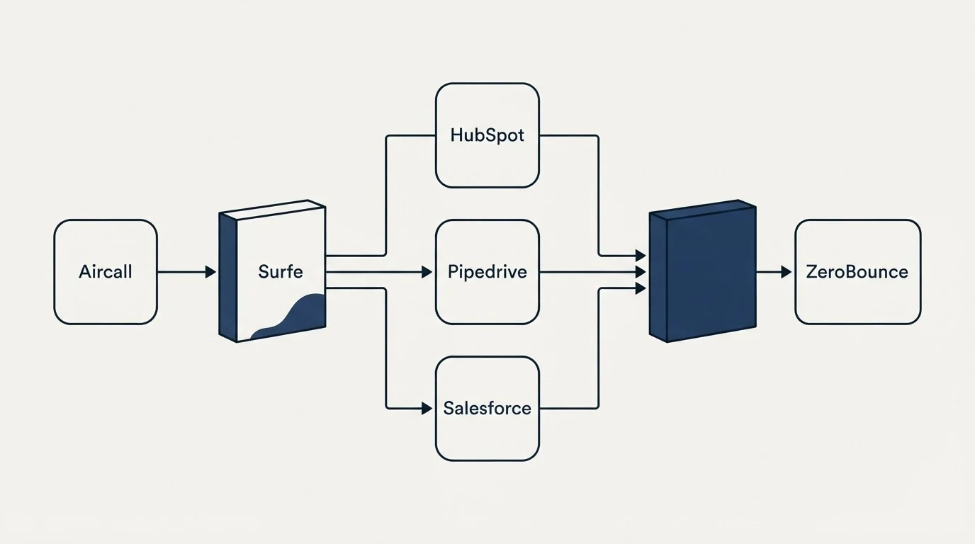 Integration flow: Integration Ecosystem (Surfe, ZeroBounce, HubSpot, Pipedrive)